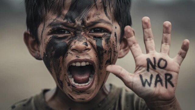 Powerful close-up of child with face paint shouting holding hand with no war message against blurred background