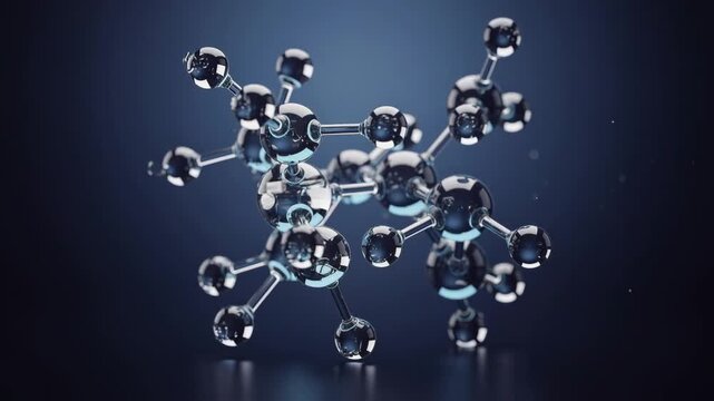 3D molecular structure model with connected atoms and chemical bonds on dark background