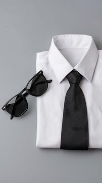 A sleek pair of dark sunglasses, a black tie and a folded shirt arranged on a grey background, no people, business casual, monochrome fashion, gen z style, expressive outfit, statement, flat