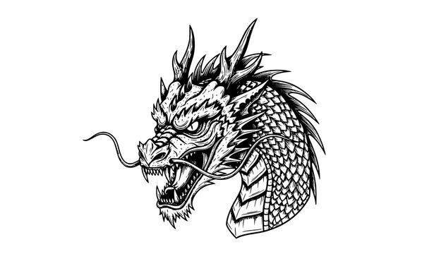 Dragon head engraving style vector illustration mythical creature emblem