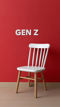 A blank chair back against a bright red wall with the text written GEN Z, no people, generation z concept, zoomers, red background, bold typography, youth concept, social media, internet