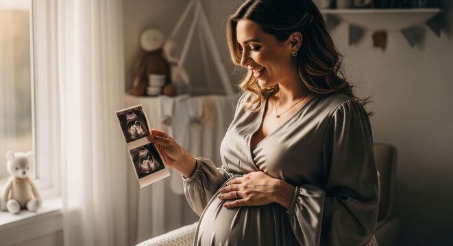 Joyful Expectation Pregnant Woman Admiring Ultrasound in Nursery.