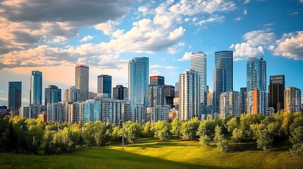 Fototapeta premium Stunning panoramic view of Calgary, Alberta showcasing modern architecture and lush green parks.