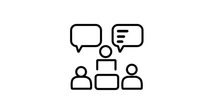 Multi-User Chat Session Motion Icon. Animated icon of three people with multiple speech bubbles, representing team brainstorming, group chat, and collaborative business communication.