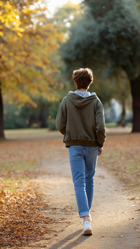 A back view of a young figure in casual clothes walking through a sunlit autumn park with falling leaves, defocused trees in the background, autumn vibes, fall season, park stroll, gen z
