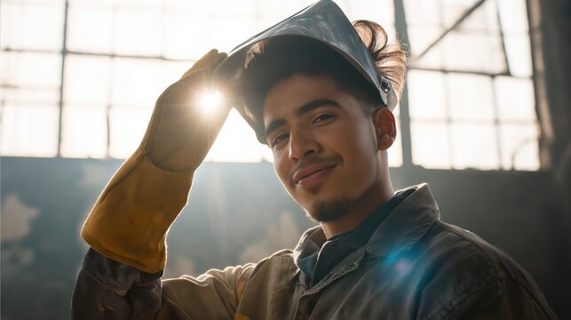 Young male welder smiling in workshop, lifting his protective mask. Concept of professional craftsmanship, manual labor and job satisfaction