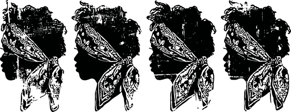 silhouettes of african woman heads with traditional headwraps in black ink repeated pattern