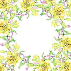 Fototapeta premium Square frame of the liles and pink ribbons. Handmade watercolor illustration. For packaging design, cards, cover, prints, product labels and fabric.