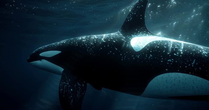 Close-up of a majestic orca whale swimming underwater in the deep ocean.