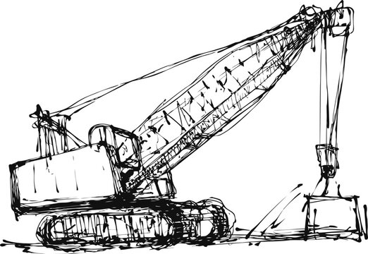 excavator crane lifting heavy materials with bucket, industrial construction machinery sketch