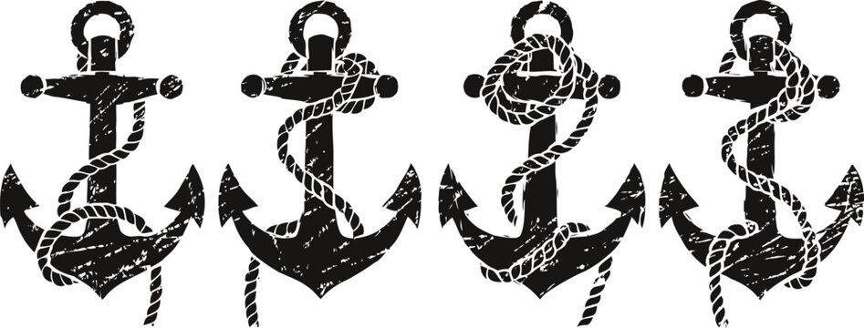 Set of vintage anchors wrapped with nautical rope maritime marine symbols in black silhouette