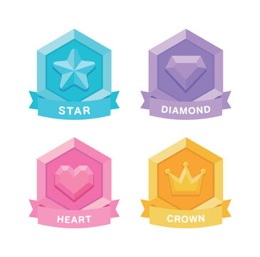 Set of four hexagonal rank badges with star, diamond, heart, and crown icons. Colorful 3D style achievement symbols with ribbons for game UI, mobile apps, and reward systems.