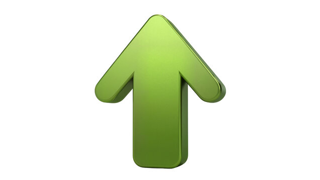 Shiny green arrow pointing upwards, isolated on transparent background
