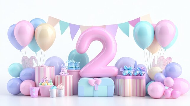 Festive birthday celebration with number 2, colorful balloons, presents, and cheerful decorations.