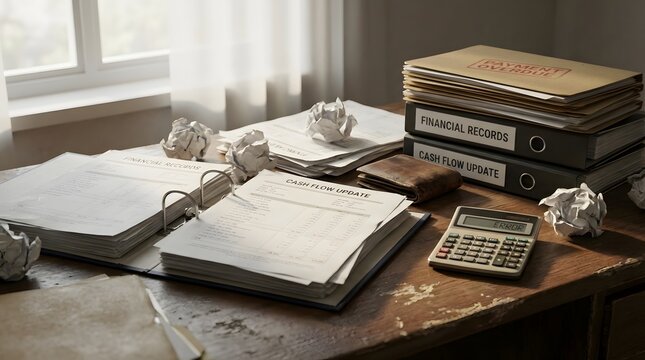 Desk cluttered with financial records, binders, papers, and calculator, representing overwhelming workload and financial disorganization.