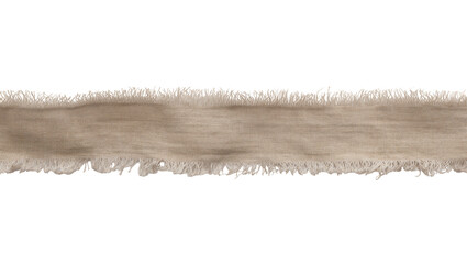 Frayed edge beige linen ribbon with fringed texture, isolated on transparent background