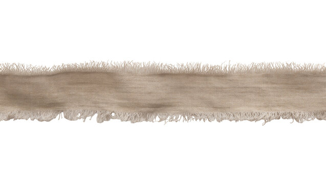 Frayed edge beige linen ribbon with fringed texture, isolated on transparent background