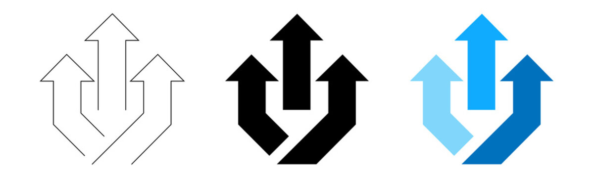 Three splitting arrows icons in outline solid black and blue gradient styles for decision making concepts on transparent background.