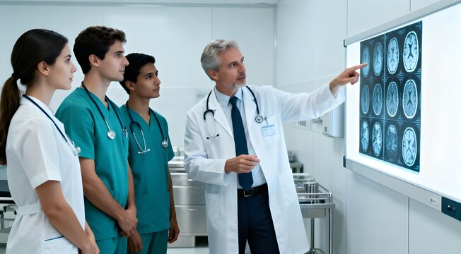 Doctor showing brain scan to diverse medical interns