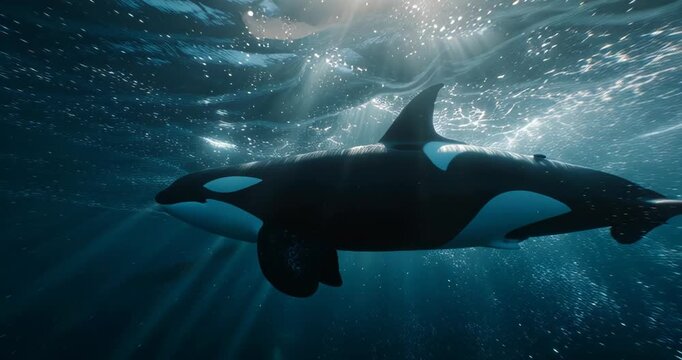 Orca whale swimming underwater with sunlight filtering through ocean surface.