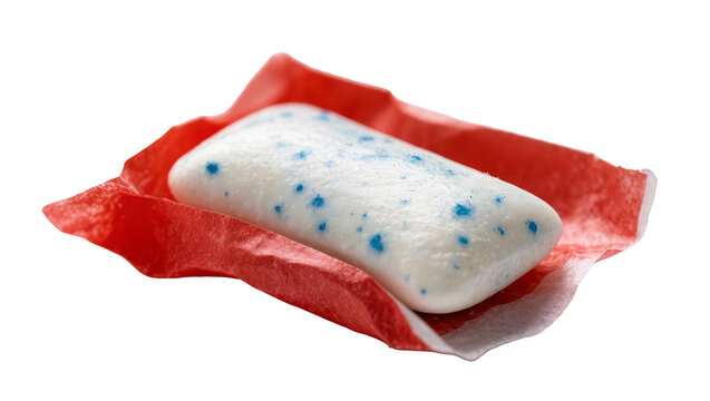 White rectangular chewing gum with blue specks in red wrapper, isolated on transparent background