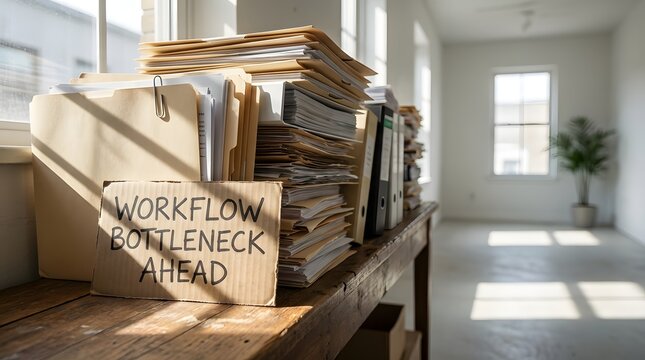 Cardboard sign reading workflow bottleneck ahead placed on wooden table in sunlit office with stacks of documents indicating administrative delays.