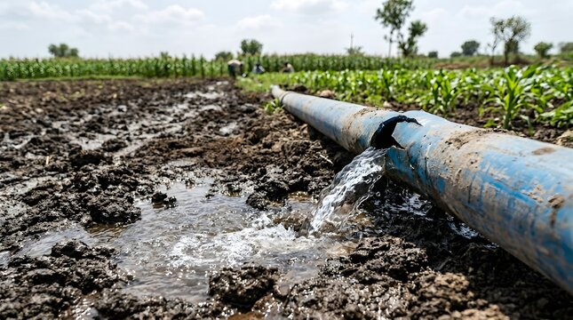 Farming irrigation pipe leaking water onto muddy field with growing corn crop under a cloudy sky illustrating agricultural water management challenges.