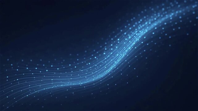 Blue network lines and glowing particles flowing in a digital wave to represent high speed data transfer and futuristic technology connectivity on a dark background.