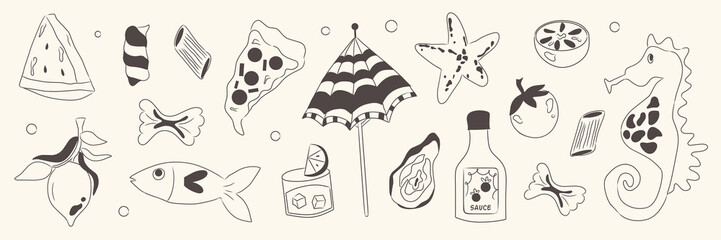 Set of summer stickers. Tropical vacation icons. Seasonal elements collection. Fruits, pizza, lemon, fish, umbrella, pasta, oyster, juice, watermelon, tomato, starfish, seahorse, beach accessories. © Sinta Alfa