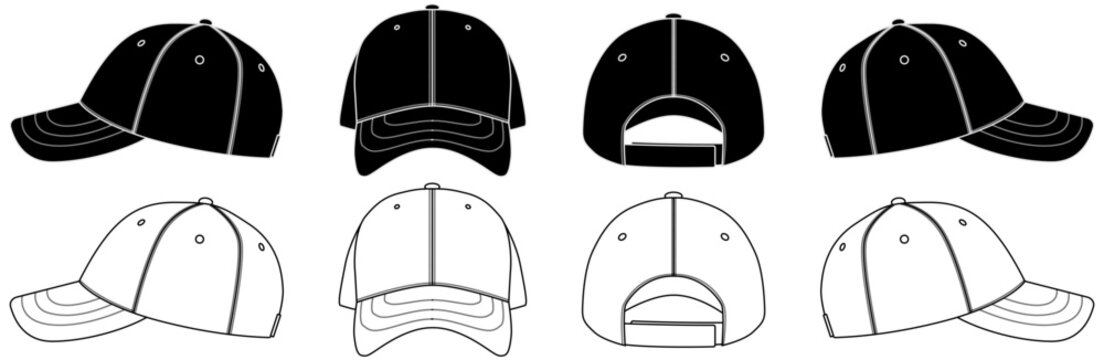 Baseball Cap Vector Set &ndash; Black and White Snapback Hat Collection in Multiple Views (Front, Side, Back)