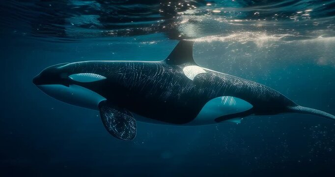 Close-up of an orca whale swimming underwater in the ocean.