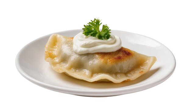 Golden pierogi topped with sour cream and parsley, isolated on transparent background