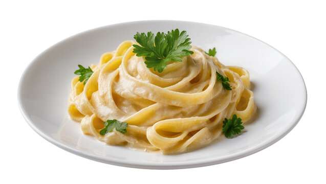 Creamy fettuccine alfredo pasta with fresh parsley garnish, isolated on transparent background