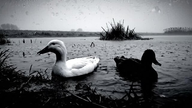Black and white shot of two ducks swimming in a body of water during a rain shower
