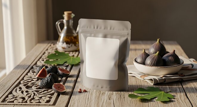 A gray resealable pouch with a blank white label on a wooden table with figs and a bottle of oil