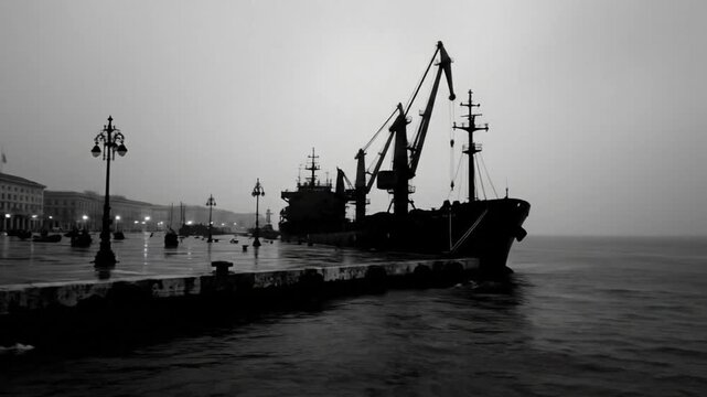 Black and white view of Trieste, Italy with a cargo ship on a rainy day, reflecting off wet pavement