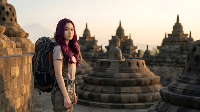 A young woman with purple hair and a backpack stands amidst ancient stone stupas at a historic temple complex during sunrise.