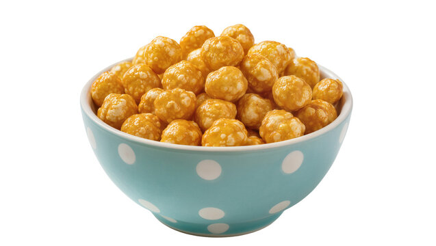 Light blue polka dot bowl filled with caramel corn puffs, isolated on transparent background