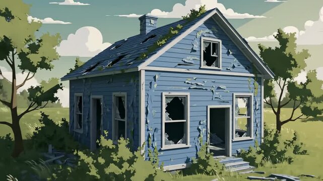 Cartoon style animation of dilapidated blue house surrounded by trees under a cloudy sky