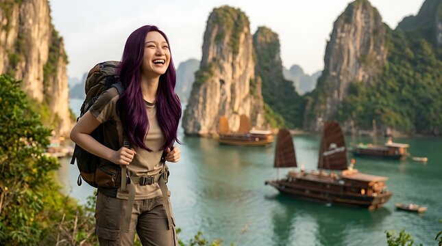 Happy young woman with purple hair hiking in a stunning bay with limestone karsts and traditional boats.
