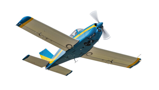 Blue and yellow propeller airplane flying, isolated on transparent background