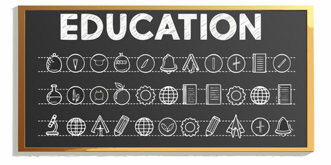 Naklejka premium A chalkboard displaying the word education and various doodle illustrations