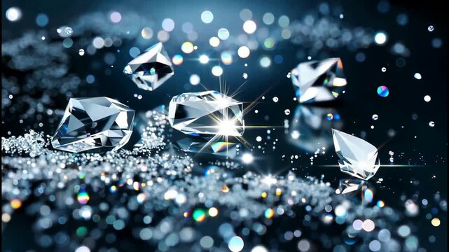 Sparkling diamonds fall on glittering silver surface with scattered gems