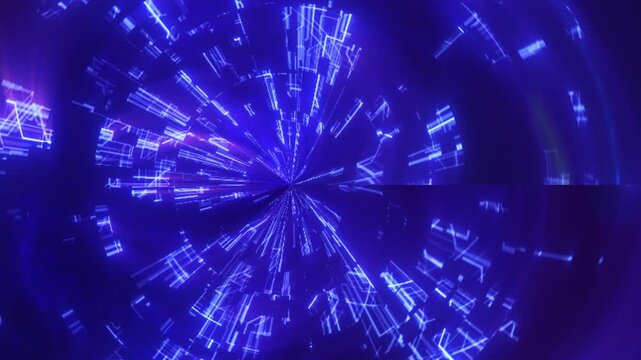 Futuristic purple tunnel made of glowing digital lines and geometric shapes, converging into a bright center like a data portal