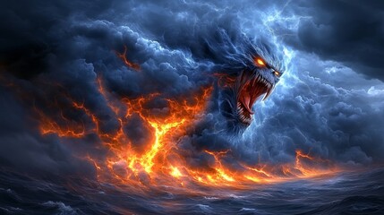 Fototapeta premium Enraged Phantom Emerges from Chaotic Storm Clouds over Turbulent Sea, Unleashing Fiery Chaos