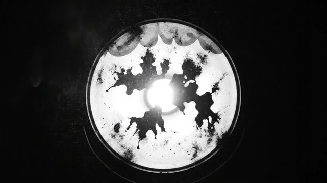Eerie Overhead Shot of Inkblot Test Light with Smoke and Dark Background, Psychological Concepts