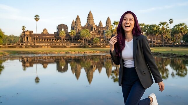 Smiling woman with purple hair posing in front of Angkor Wat temple reflected in water.