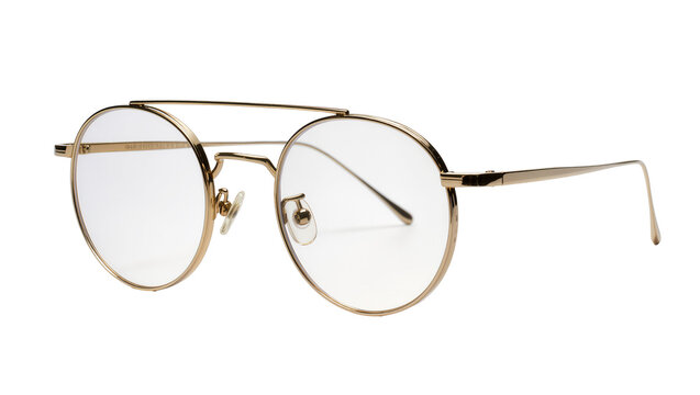 Thin gold metal aviator eyeglasses with clear lenses, isolated on transparent background