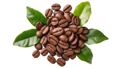 Obraz premium Roasted coffee beans with green leaves, isolated on transparent background