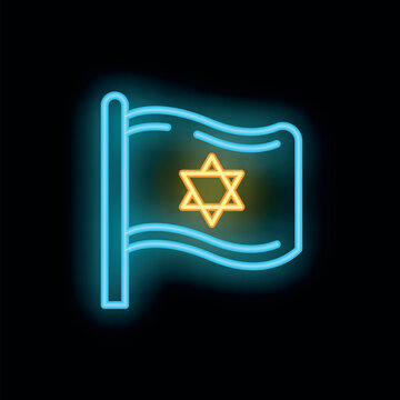Bright neon israel flag waving with magen david on dark background